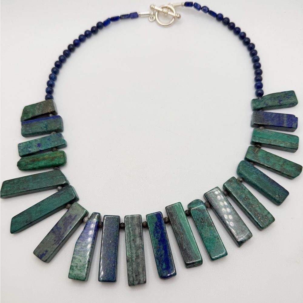 19" Revived Azurite, Lapis Lazuli, larvikite‎ beaded necklace w/ SP clasp!